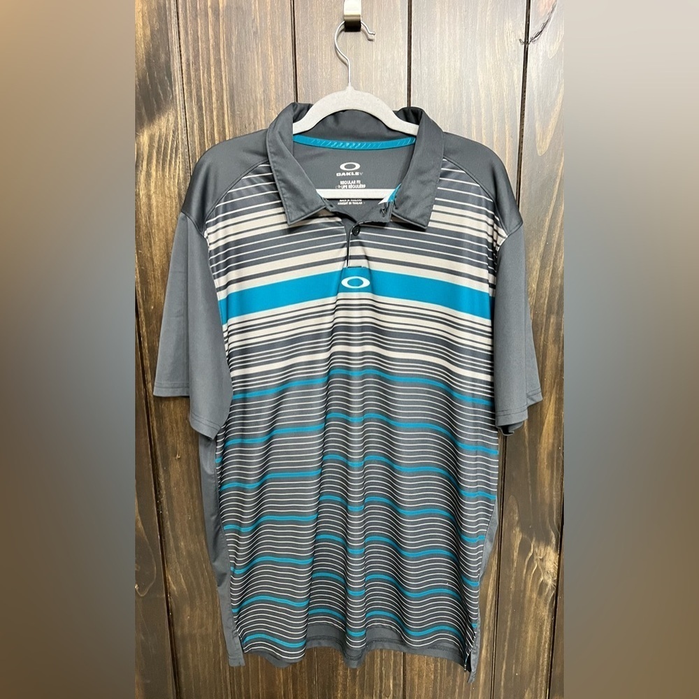 Oakley Gray and Blue Striped Performance Polo Golf Shirt - Picture 2 of 8